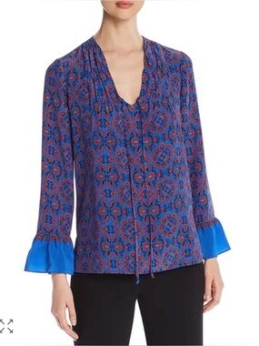 KOBI HALPERIN Zoey Printed V-Neck Tie-Front Long-Sleeve Silk Blouse, Size S